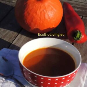 Pompoen Paprika Soep - Herfstgroentensoep in een rood-witte soepkom