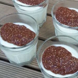 Glaasjes met yoghurtroom dessert met cacao-sinaas-chia als topping