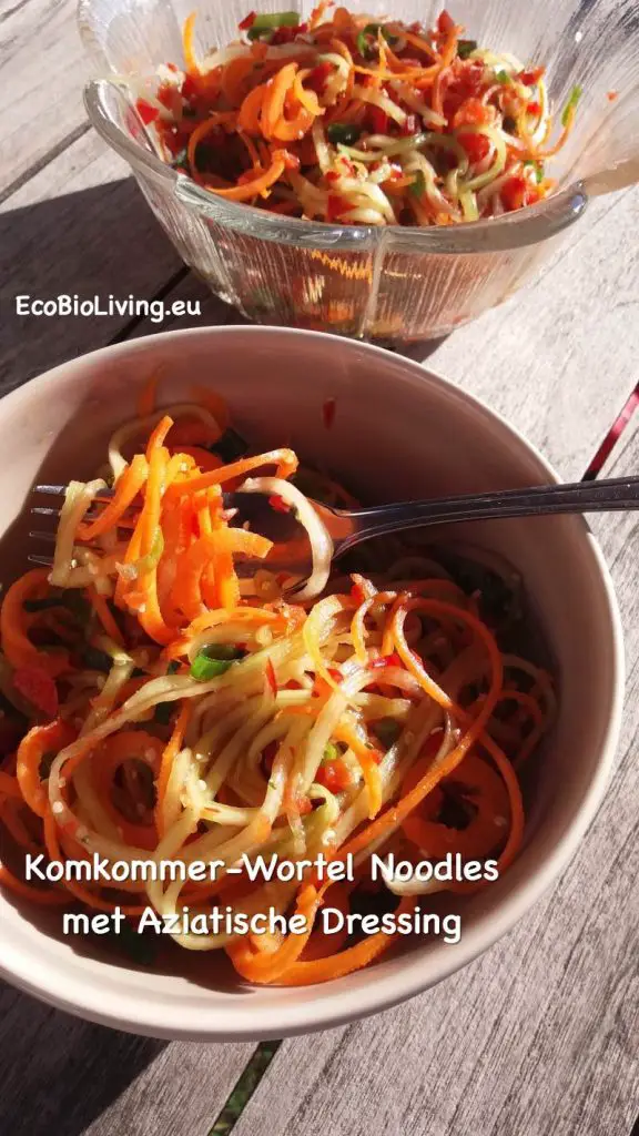 Komkommer-wortel noodles met Aziatische dressing - gezonde rauwkost