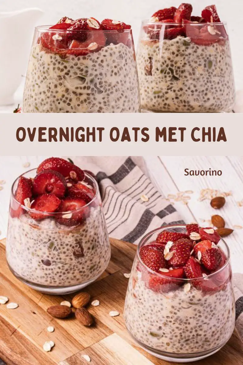 Overnight Oats met chia en andere zaden - gezond ontbijt idee - in glazen potjes met aardbeien als topping