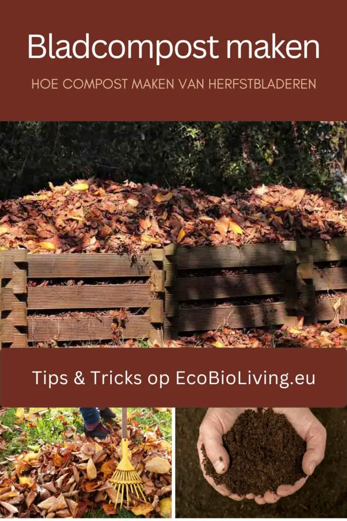 Bladcompost maken van herfstbladeren - in houten compostbakken - Pinterest afbeelding