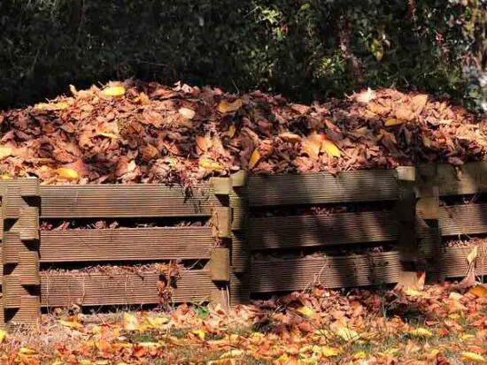 Houten compostbakken met herfstbladeren erin - bladcompost maken