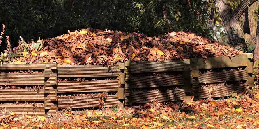 Houten compostbakken met herfstbladeren erin - bladcompost maken